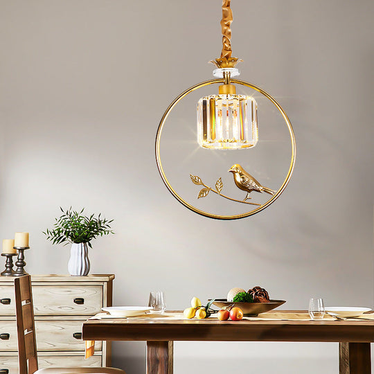 Vintage Style Clear Crystal Drum Ceiling Light with Bird Accent in Black/Gold