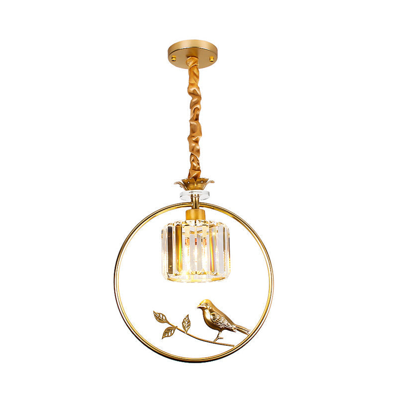 Vintage Style Clear Crystal Drum Ceiling Light With Bird Accent And 1 Bulb In Black/Gold