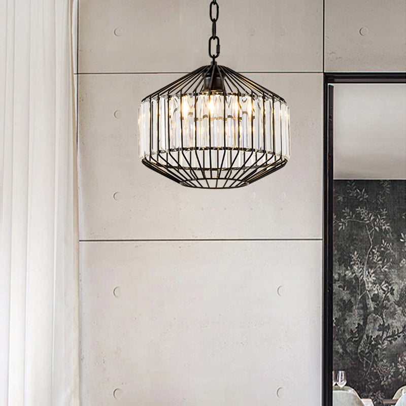 Modern Black Geometric Pendant Light With Crystal Block - Wire Suspension 1