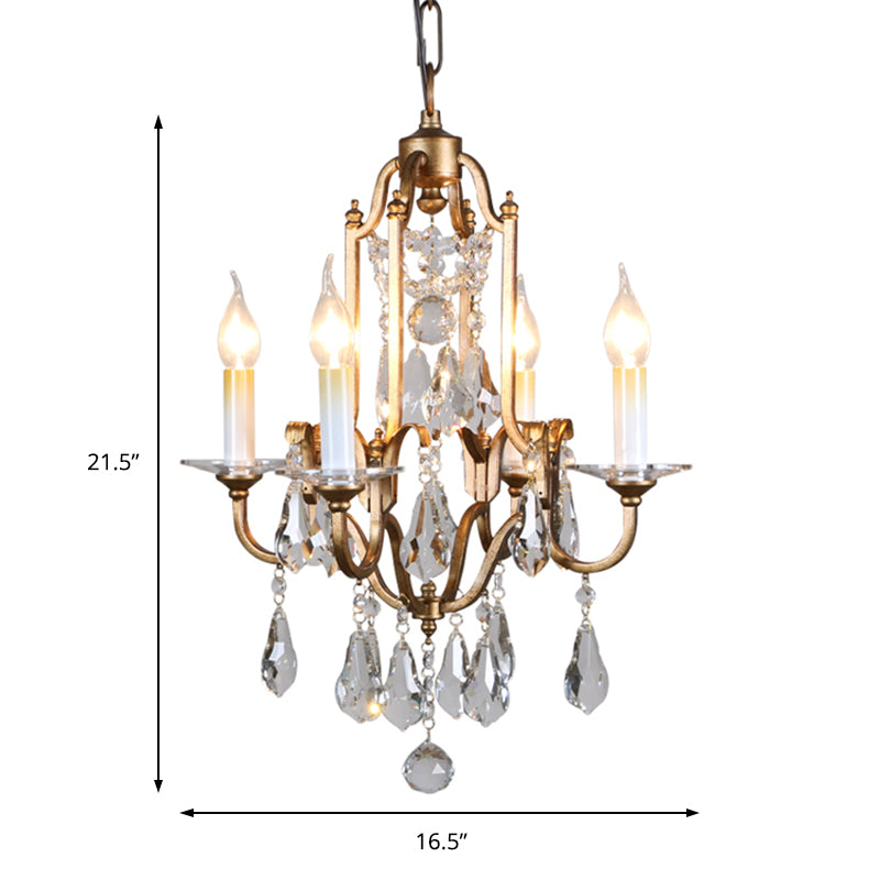 Lustre à bougies de style campagnard français avec gouttes de cristal - Luminaire suspendu en laiton à 4 lumières pour couloir