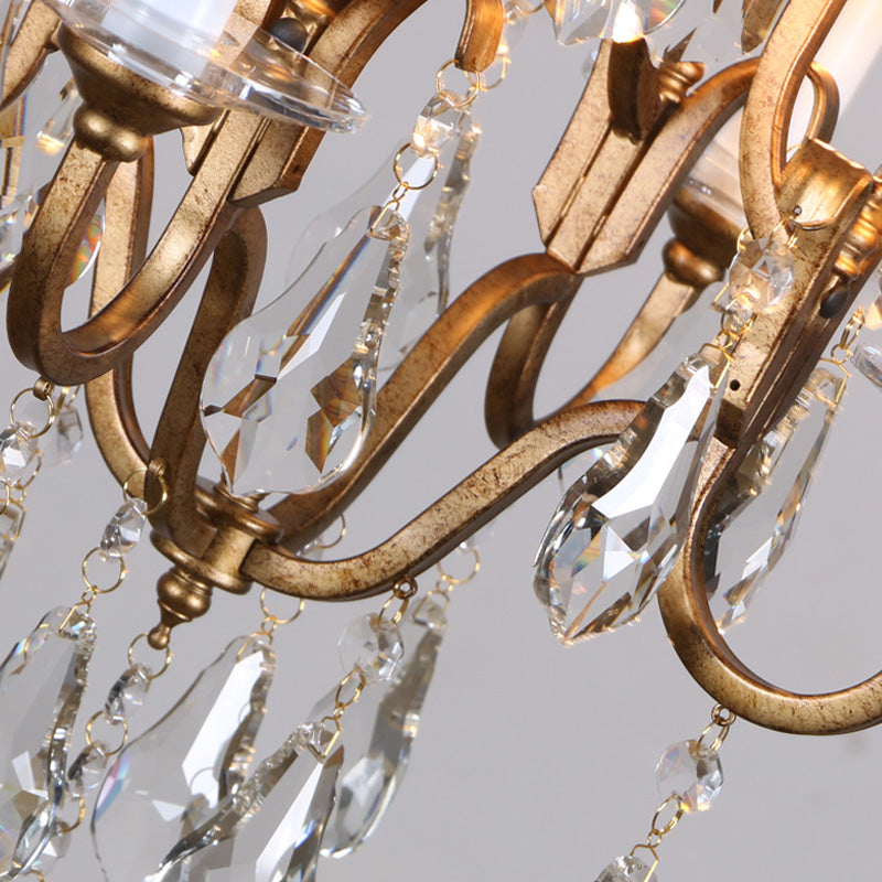 French Country Crystal Candle Chandelier - 4-Light Pendant Fixture For Hallway In Brass