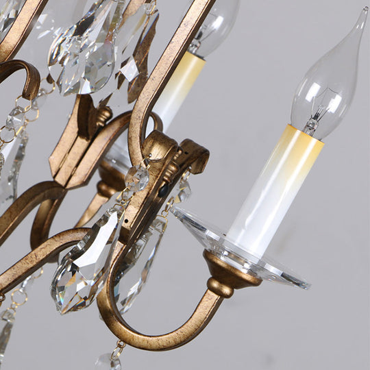 Lustre à bougies de style campagnard français avec gouttes de cristal - Luminaire suspendu en laiton à 4 lumières pour couloir