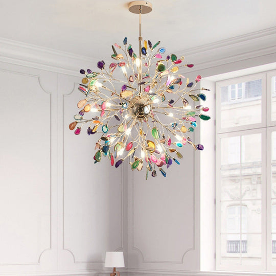 Contemporary Gold Flower Chandelier With Multi-Agate Lights - Hanging Ceiling Fixture