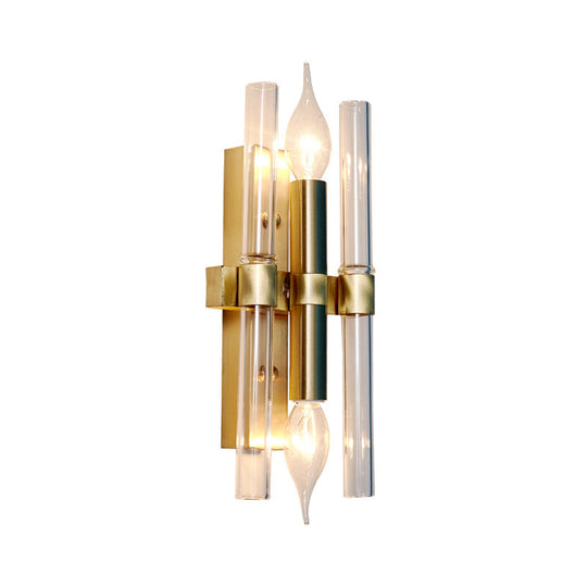 Vintage Style Metal Candle Wall Sconce With Clear Crystal Pipe - Set Of 2 Bulbs In Brass Finish