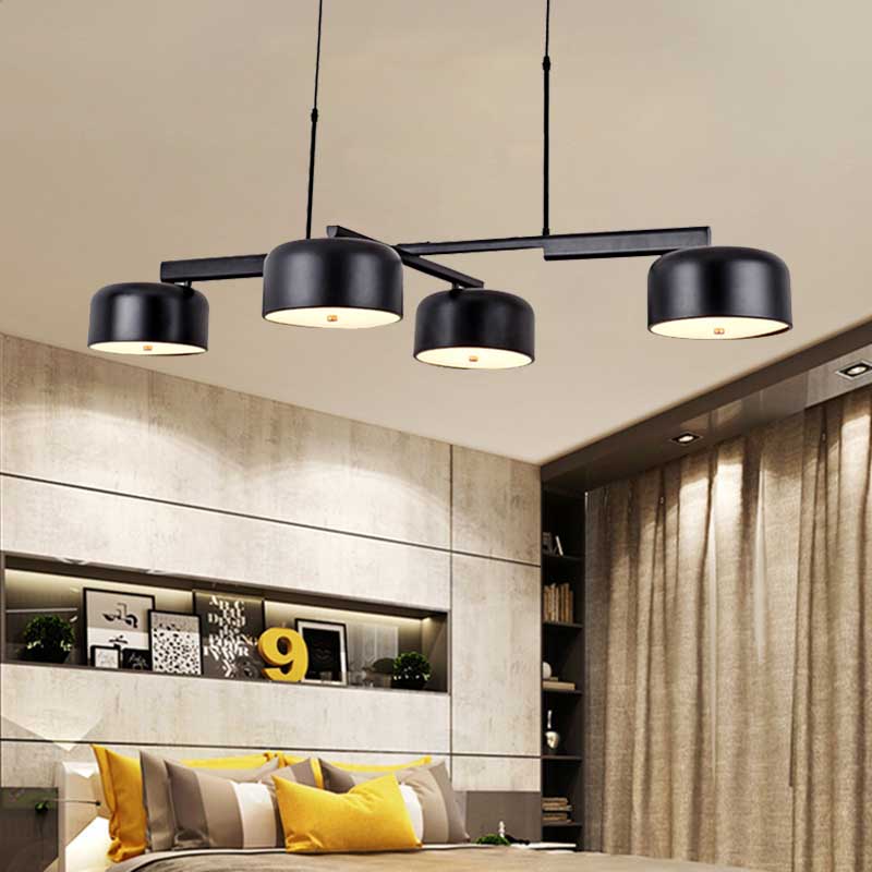 Linear Modernist Island Pendant Light With 4 Drum Shades In Black/Rose Gold Black