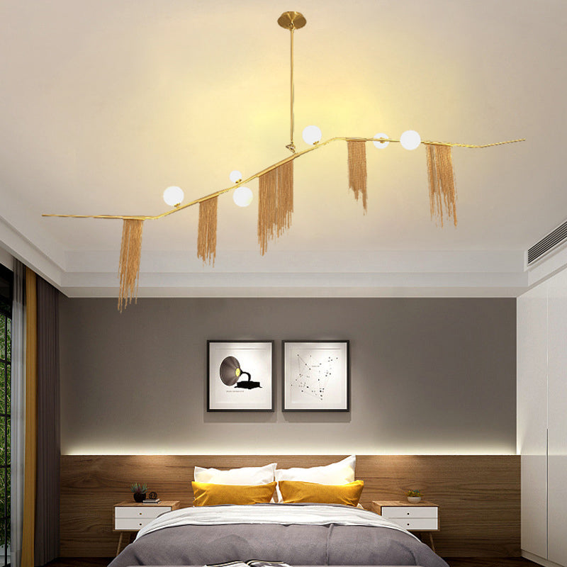 Modern Golden Linear Chandelier Pendant Light With Opal Glass Shades - 6/9 Heads Hanging Fixture For