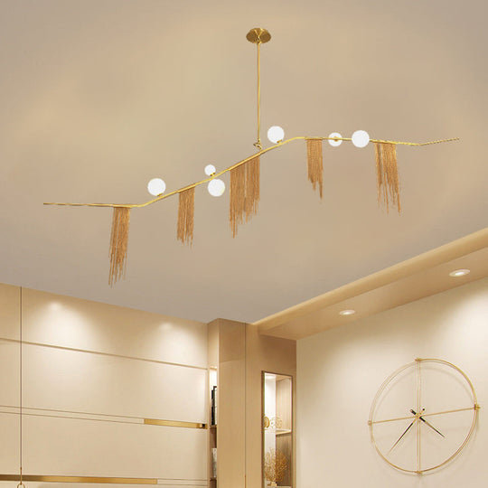 Modern Golden Linear Chandelier Pendant Light With Opal Glass Shades - 6/9 Heads Hanging Fixture For