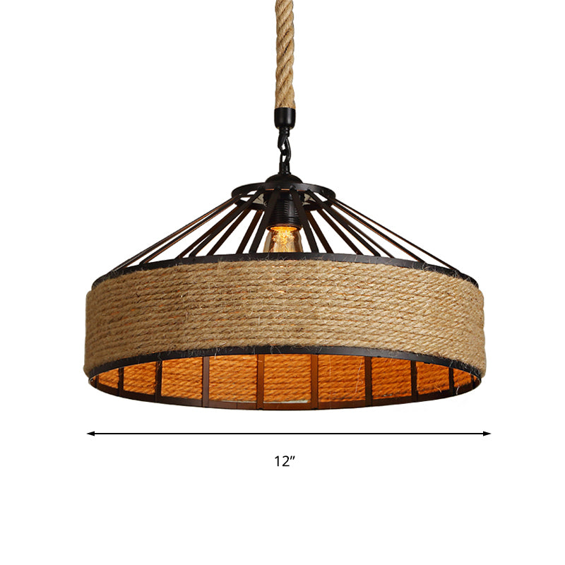 Vintage Style Drum Shade Rope Pendant Ceiling Light in Black for Coffee Shops