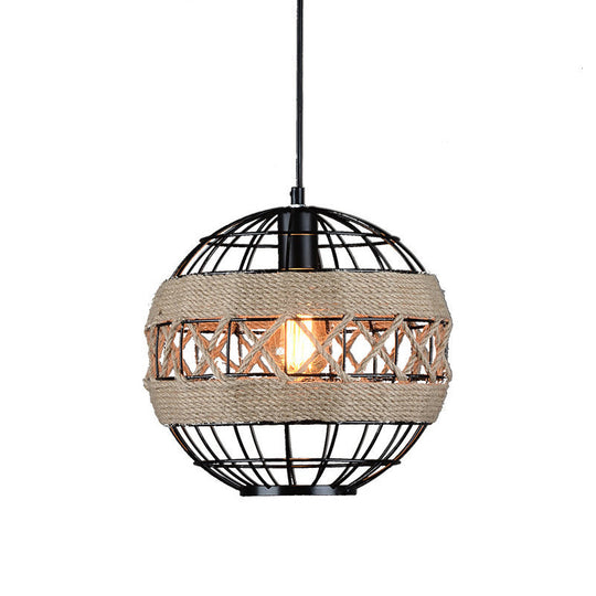 Rustic Black Sphere Pendant Light With Metal Frame And Rope - 1-Light Hanging Ceiling