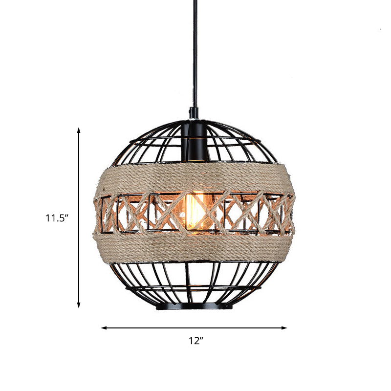 Sleek Sphere Pendant Light with Metal Frame and Rope Detail - Rustic 1-Light, Black