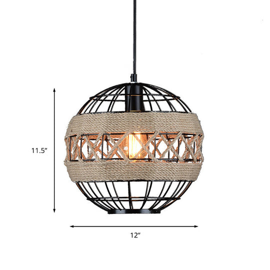 Sleek Sphere Pendant Light with Metal Frame and Rope Detail - Rustic 1-Light, Black