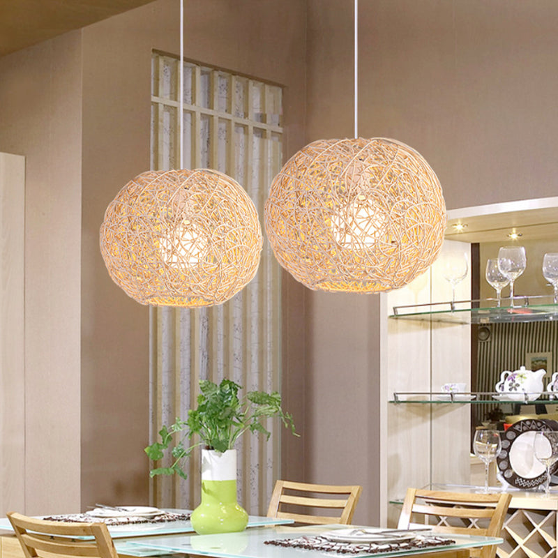 Country Style Rattan Orb Pendant Ceiling Light In Beige - Rustic One-Light Hanging Lighting