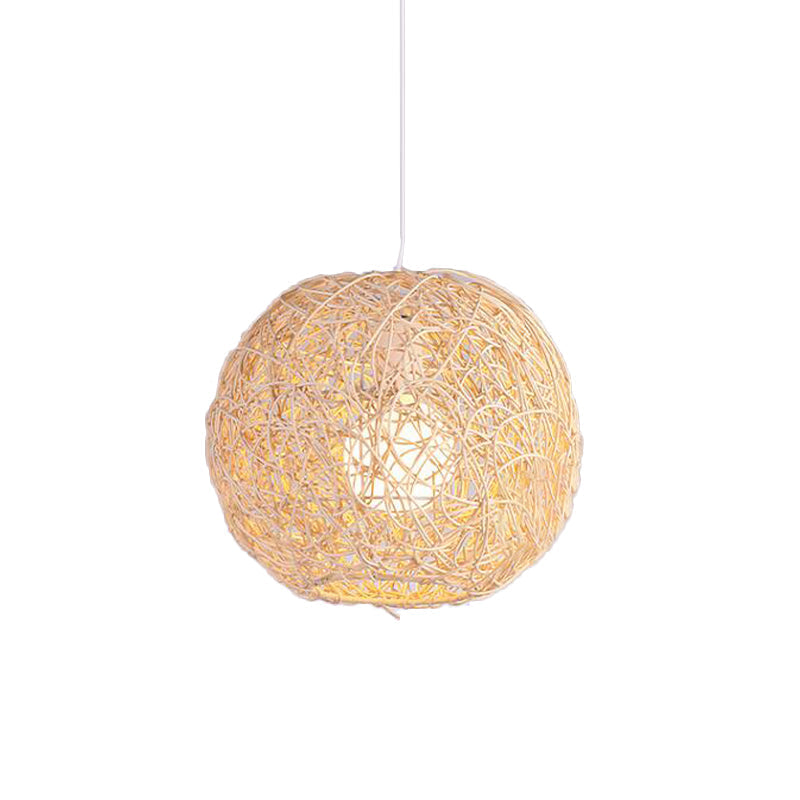 Country Style Rattan Orb Pendant Ceiling Light In Beige - Rustic One-Light Hanging Lighting