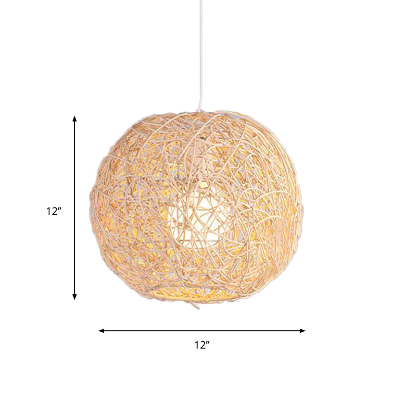 Country Style Rattan Orb Pendant Ceiling Light In Beige - Rustic One-Light Hanging Lighting