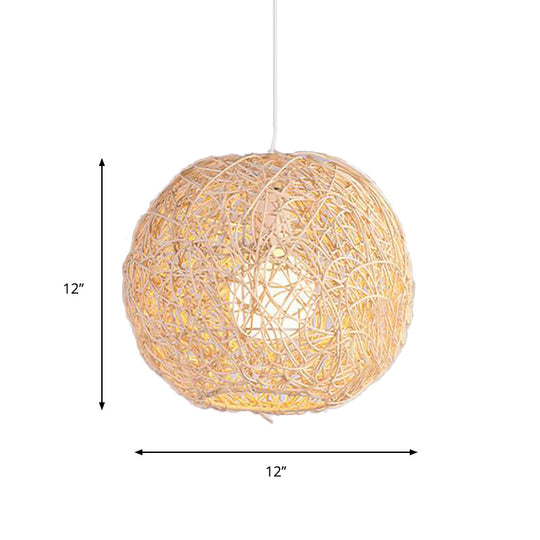 Country Style Rattan Orb Pendant Ceiling Light In Beige - Rustic One-Light Hanging Lighting