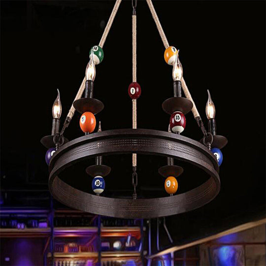 Industrial Ring Chandelier With 6 Bulbs Metallic Pendant Light Fixture Rope And Billiard Ball Deco