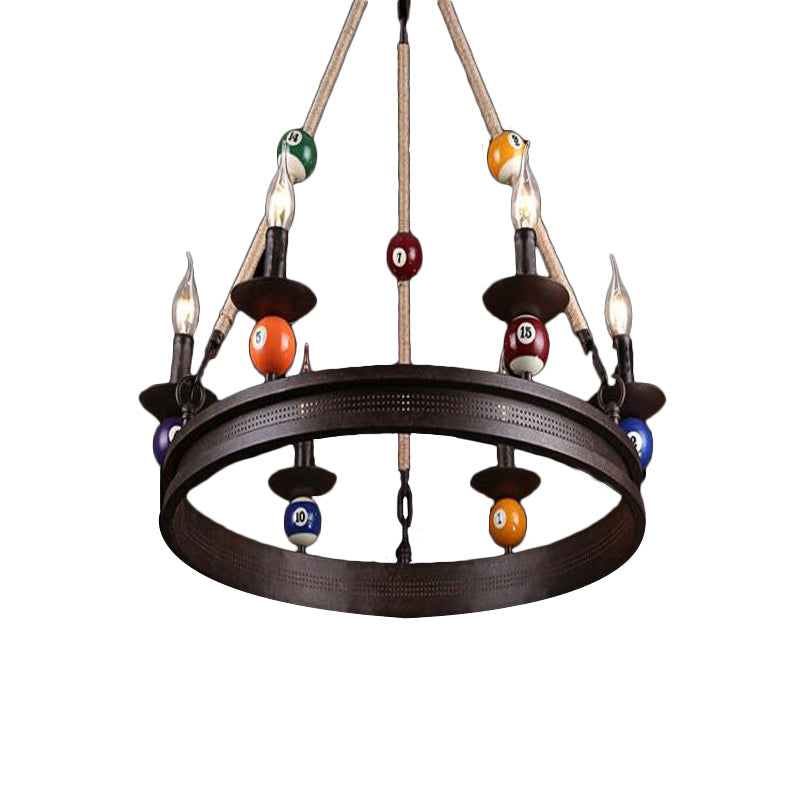 Industrial Ring Chandelier with Rustic Rope and Billiard Ball Deco - 6 Bulbs Metallic Pendant Light Fixture