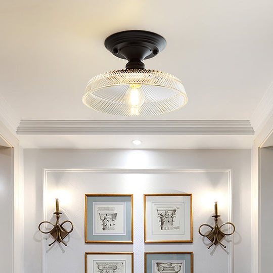 Vintage Textured Glass Semi Flush Ceiling Lighting in Clear for Living Room - One Light Barn/Dome/Wavy Design