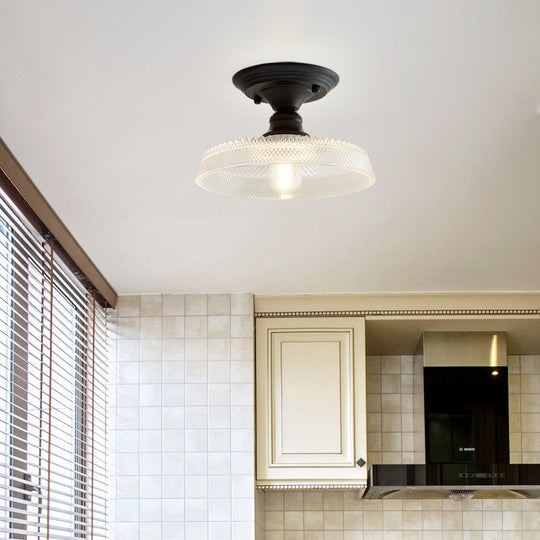 Vintage Textured Glass Semi Flush Ceiling Lighting in Clear for Living Room - One Light Barn/Dome/Wavy Design