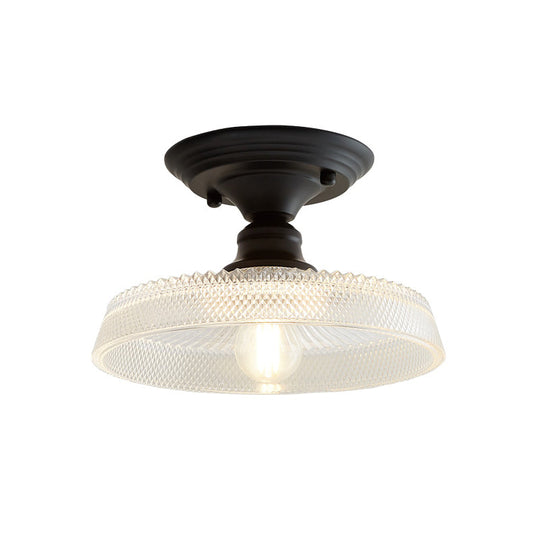 Vintage Textured Glass Semi Flush Ceiling Lighting in Clear for Living Room - One Light Barn/Dome/Wavy Design