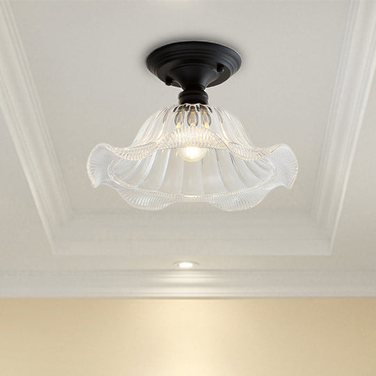 Vintage Textured Glass Semi Flush Ceiling Lighting in Clear for Living Room - One Light Barn/Dome/Wavy Design