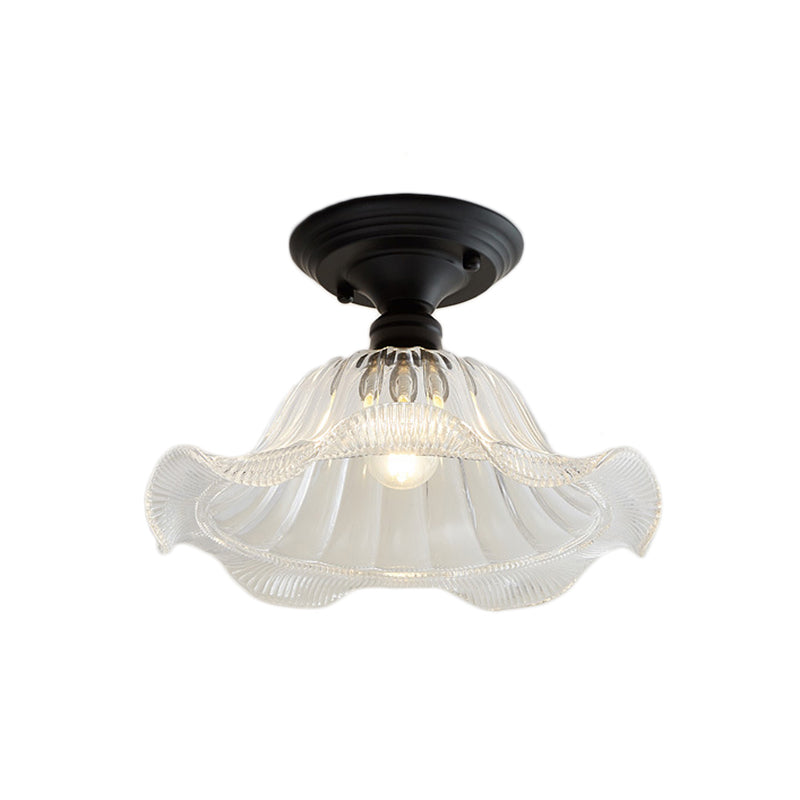 Vintage Textured Glass Semi Flush Ceiling Lighting in Clear for Living Room - One Light Barn/Dome/Wavy Design