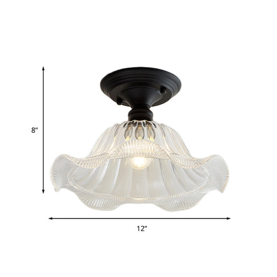 Vintage Textured Glass Semi Flush Ceiling Lighting in Clear for Living Room - One Light Barn/Dome/Wavy Design