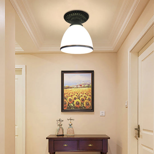 Industrial Black Semi Flush Ceiling Light with Milky Glass Shade – Perfect for Gallery