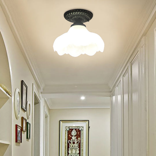 Industrial Black Semi Flush Ceiling Light With Milky Glass Shade Perfect For Gallery White / Barn