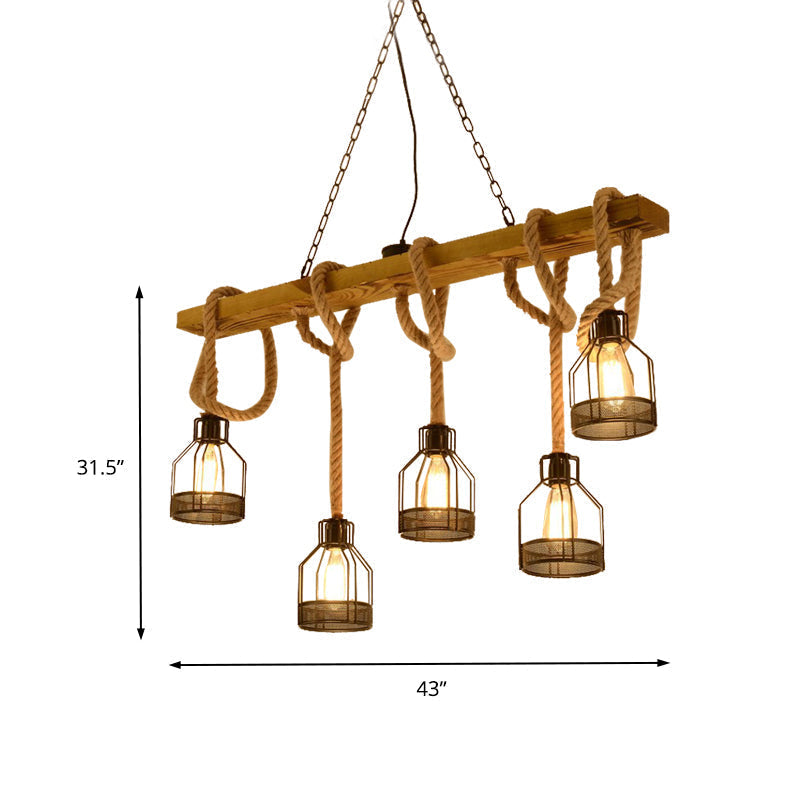 Retro Industrial 5-Head Hanging Light With Adjustable Rope - Brown