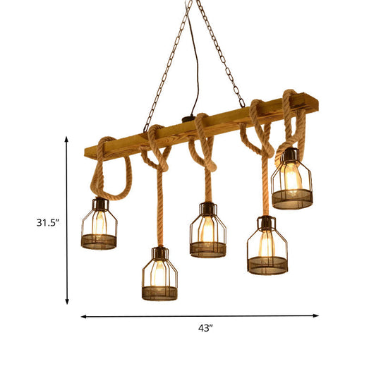 Retro Industrial 5-Head Hanging Light With Adjustable Rope - Brown