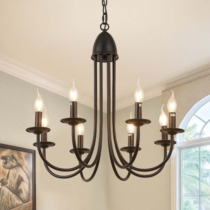 Rustic Style Bronze Iron Chandelier Light with 6/8 Heads, Bare Bulb Pendant for Dining Room, Curved Arm Design