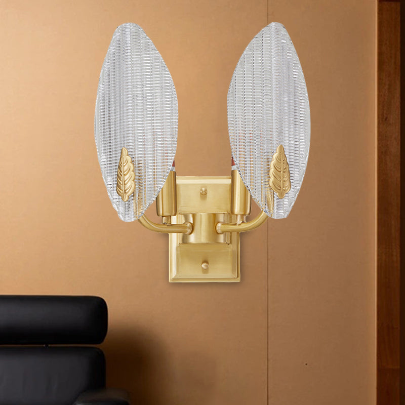 Vintage Brass Leaf-Shaped Wall Sconce Light With Clear Fluted Glass - Unique Lighting Idea