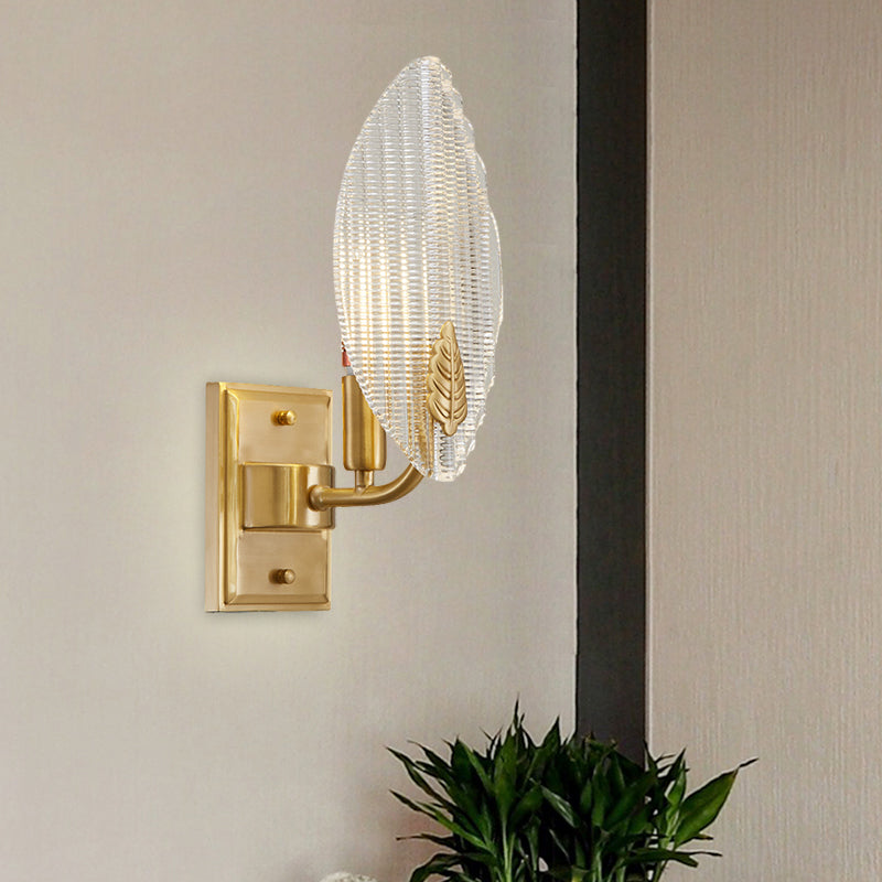 Vintage Brass Leaf-Shaped Wall Sconce Light With Clear Fluted Glass - Unique Lighting Idea