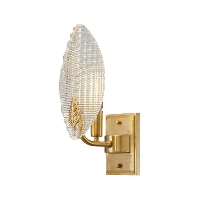 Vintage Brass Leaf-Shaped Wall Sconce Light With Clear Fluted Glass - Unique Lighting Idea