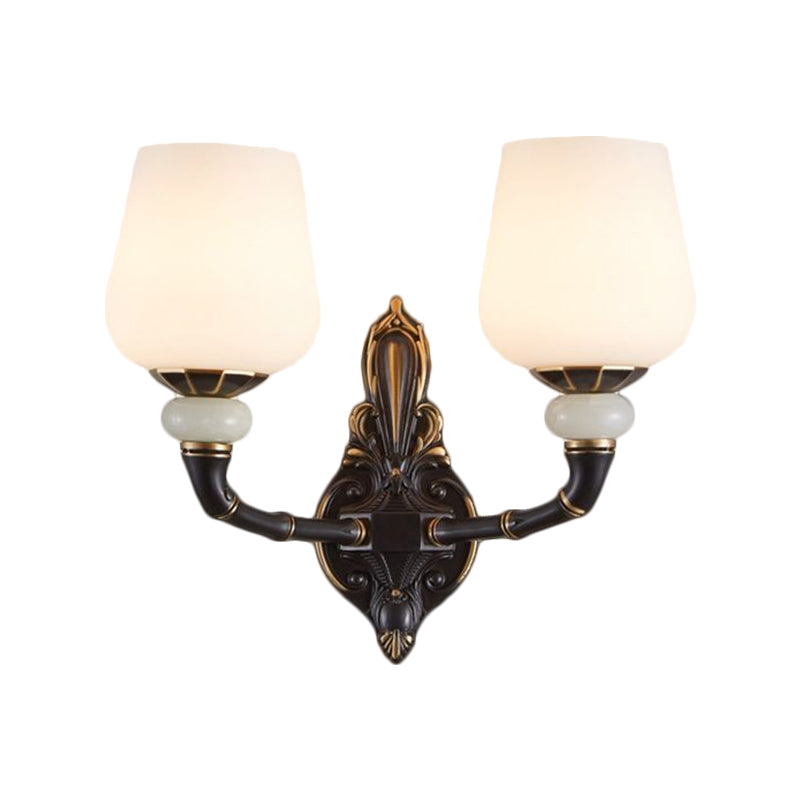 Retro Milky Glass Bedside Sconce Lamp With Cup-Like Design Wall Mount Light Fixture Black And Gold