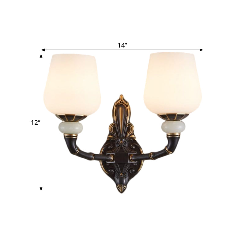 Retro Milky Glass Bedside Sconce Lamp With Cup-Like Design Wall Mount Light Fixture Black And Gold