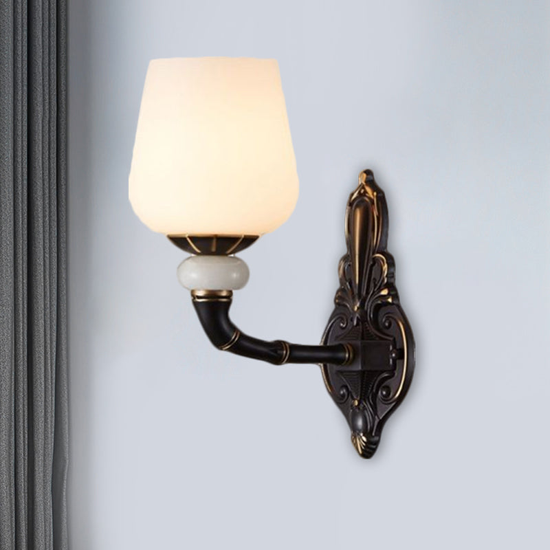 Retro Milky Glass Bedside Sconce Lamp With Cup-Like Design Wall Mount Light Fixture Black And Gold