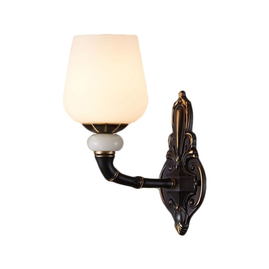 Retro Milky Glass Bedside Sconce Lamp With Cup-Like Design Wall Mount Light Fixture Black And Gold