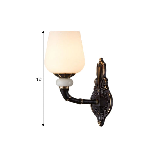 Retro Milky Glass Bedside Sconce Lamp With Cup-Like Design Wall Mount Light Fixture Black And Gold