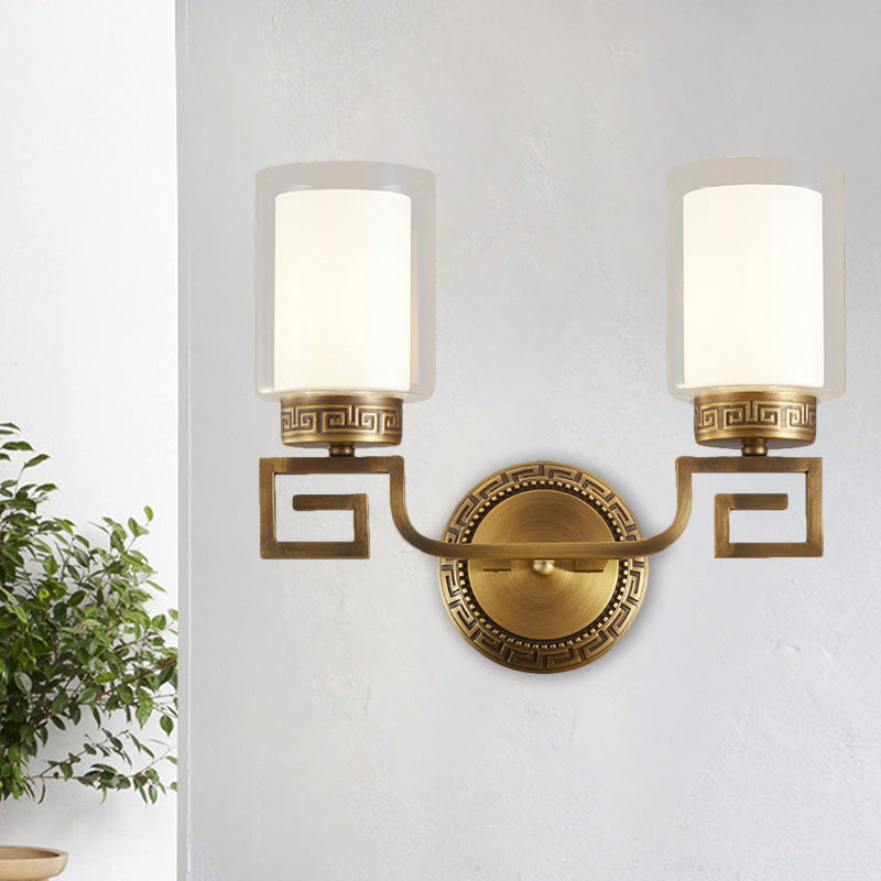 Traditional Brass Wall Sconce Light With Clear And White Dual Cylinder Glass Bulbs