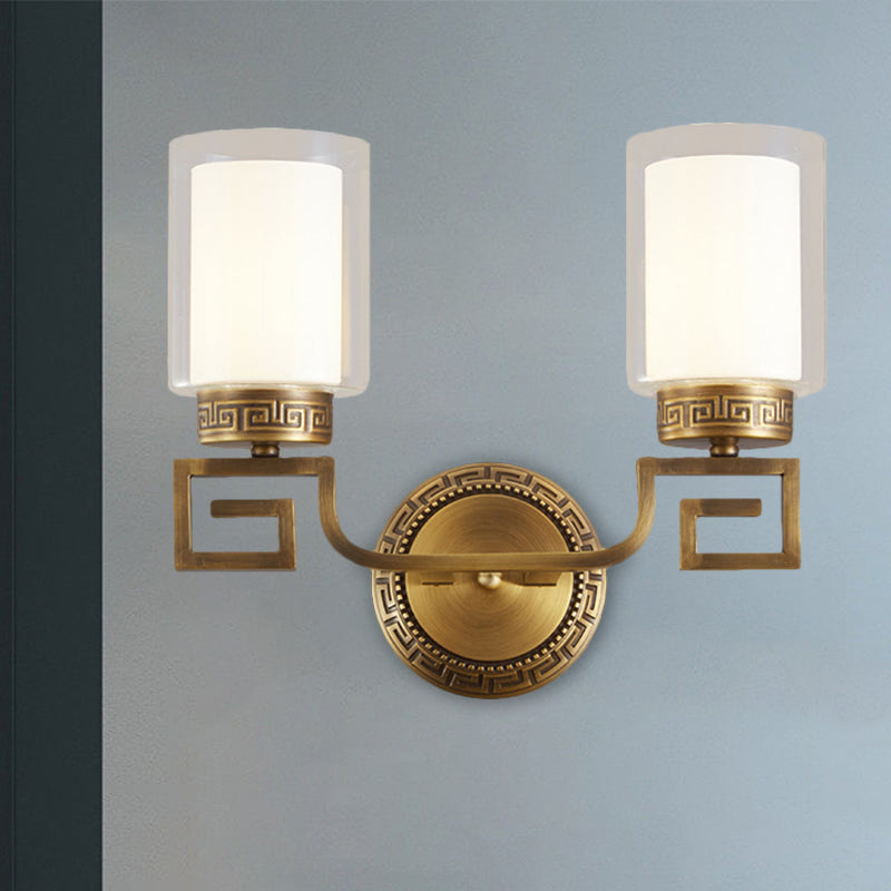 Traditional Brass Wall Sconce Light With Clear And White Dual Cylinder Glass Bulbs