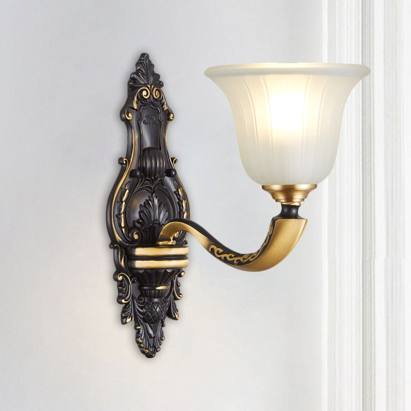 Farmhouse Bell Wall Sconce With Fluted Glass Shade In Black And Gold