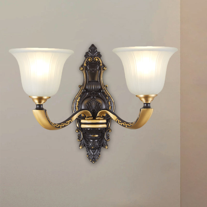 Farmhouse Bell Wall Sconce With Fluted Glass Shade In Black And Gold