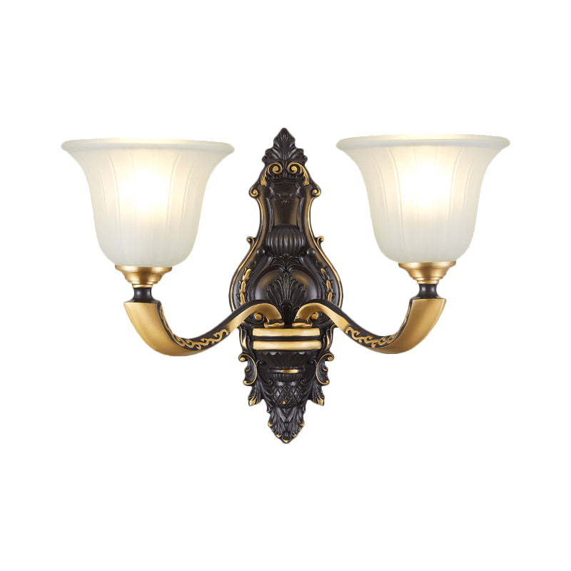 Farmhouse Bell Wall Sconce With Fluted Glass Shade In Black And Gold