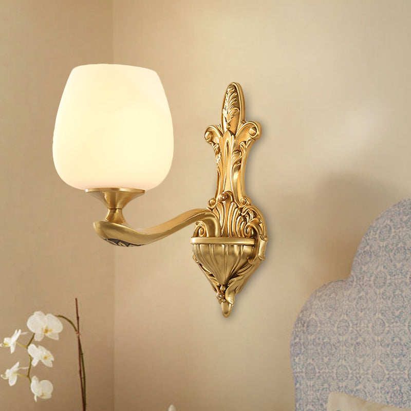 Countryside Wall Sconce With Brass Accent And Cream Glass Cup For Bedroom Lighting 1 /