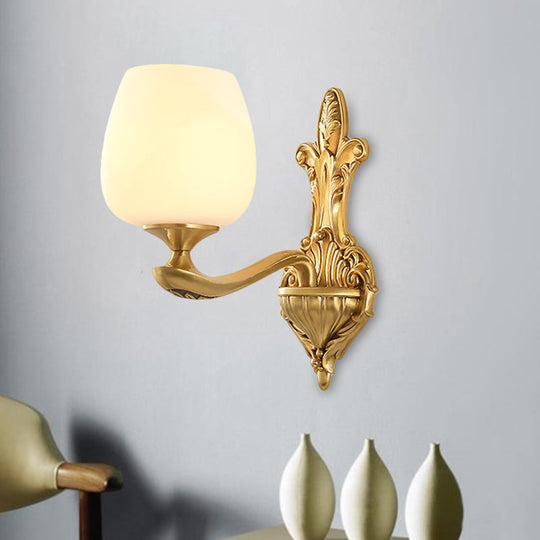 Countryside Wall Sconce With Brass Accent And Cream Glass Cup For Bedroom Lighting