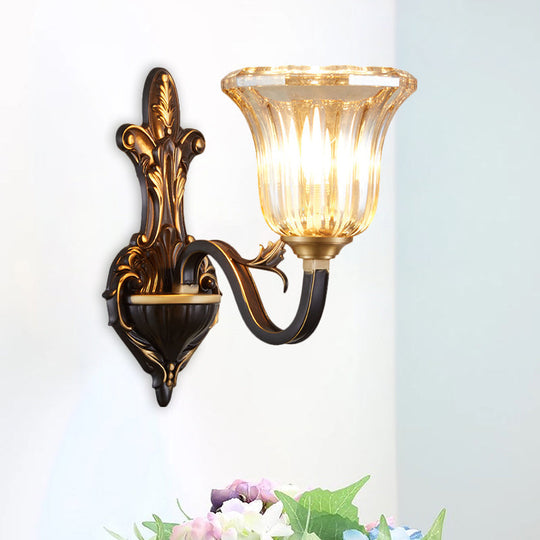 Antiqued Inverted Bell Wall Lamp: 1/2-Light Ribbed Glass Fixture With Curvy Brass Arm