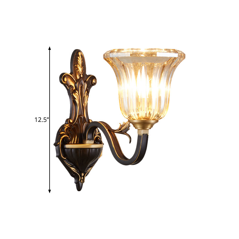 Antiqued Inverted Bell Wall Lamp: 1/2-Light Ribbed Glass Fixture With Curvy Brass Arm