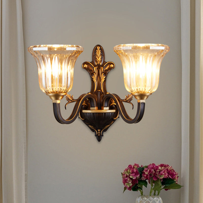 Antiqued Inverted Bell Wall Lamp: 1/2-Light Ribbed Glass Fixture With Curvy Brass Arm 2 /